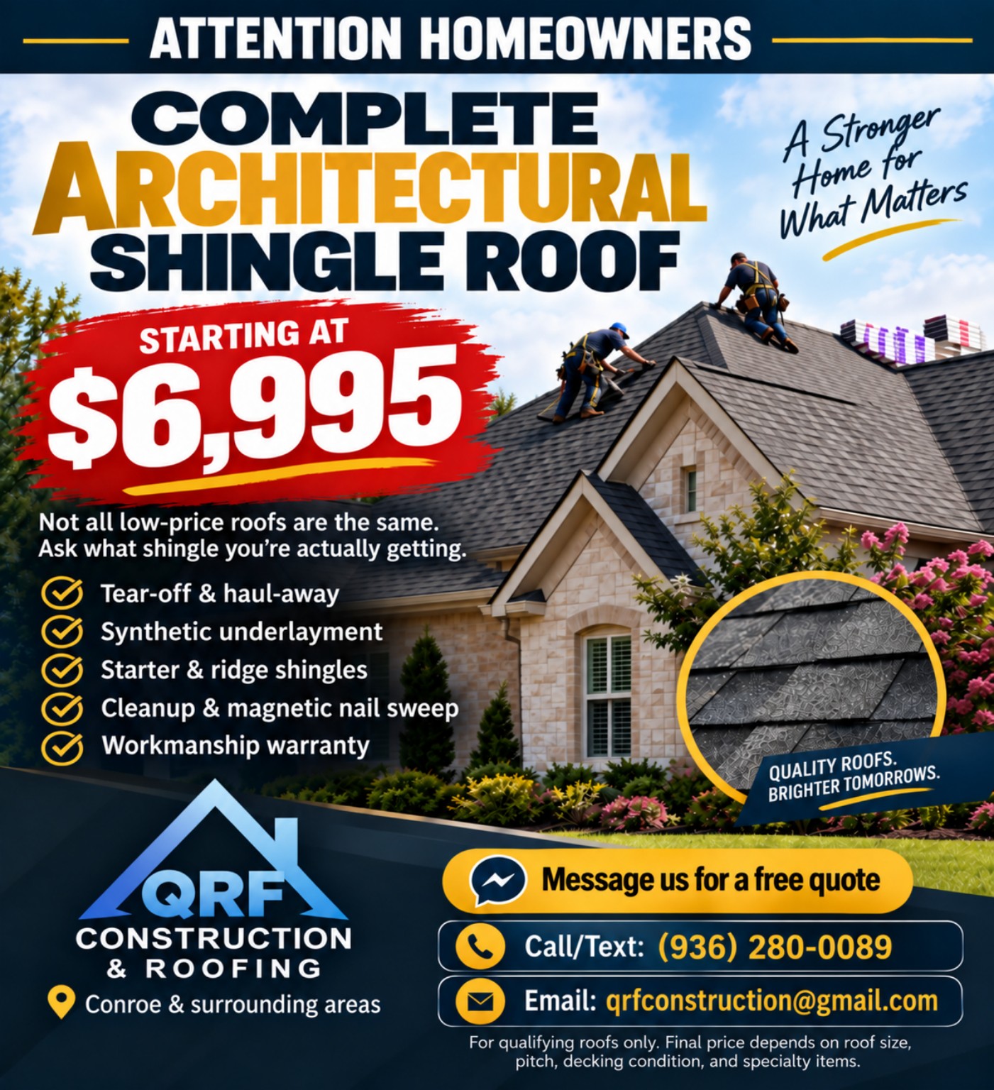 QRF Construction and Roofing architectural shingle roof special starting at $6,995